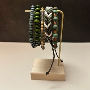 5 Piece Brown Green Grey White Beaded Woven Bracelet Set